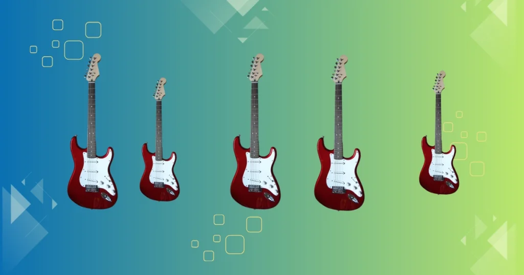 Cinco guitarras, três maiores e duas menores, para ilustrar escala musical assimétrica