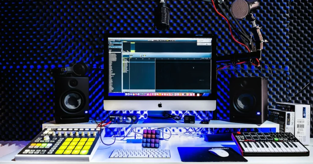 Imagem de um computador em uma mesa branca junto com mouse, microfones, sintetizadores, etc ilustrando a tecnologia musical no artigo sobre o que é a música