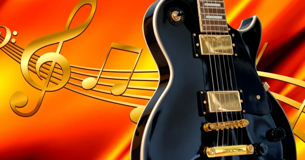 Imagem de uma guitarra preta e algumas figuras musicais no fundo