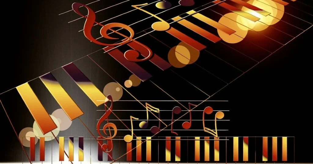 Imagem de varias notas musicais e teclas de teclado musical para ilustrar generos musicais