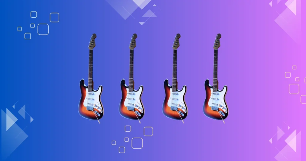 Quatro guitarras do mesmo tamanho para ilustrar escala musical simétrica