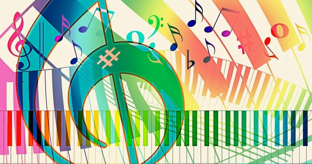 desenho de teclas de piano e figuras musicais coloridas