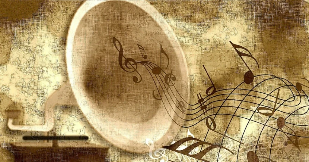 imagem de figuras musicais saindo de um gramophone ilustrando a história da música no artigo o que é música