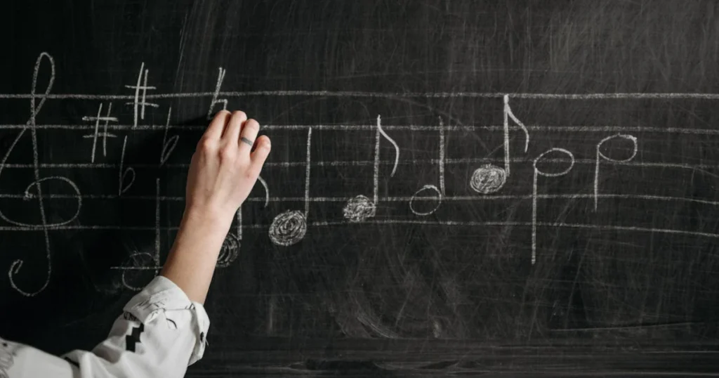 imagem de uma pessoa escrendo figuras musicais em uma pauta em um quadro usando giz, ilustrando teoria musical no artigo o que é música