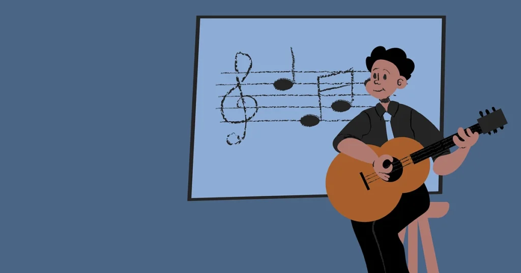 desenho de uma pessoa tocando violão e um desenho de partitura