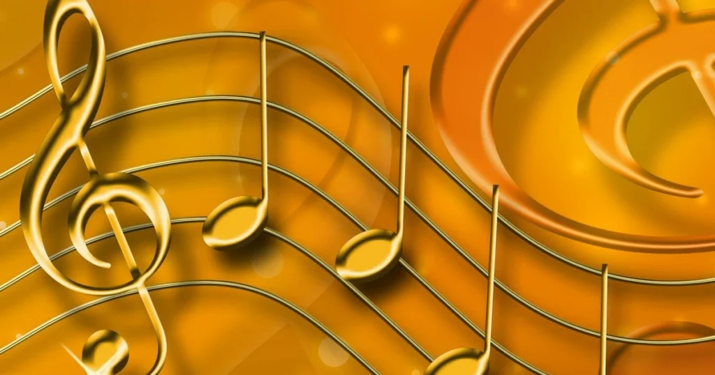 imagem de uma pauta musical ondulada com uma clave de sol e figuras musicais