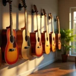 instrumentos musicais pendurados na parede para representar quais são as melhores marcas de violão