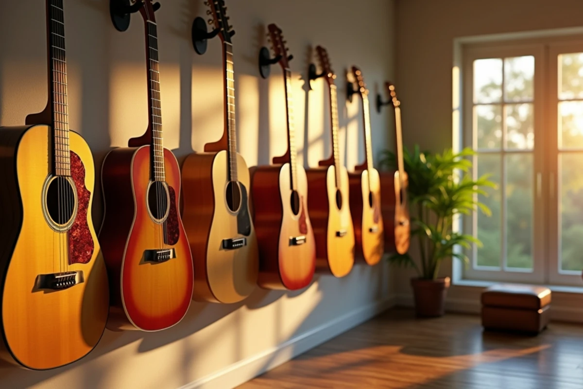 instrumentos musicais pendurados na parede para representar quais são as melhores marcas de violão
