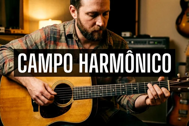Imagem de um homem fazendo o acorde de dó maior no violão para representar o artigo o que é campo harmônico