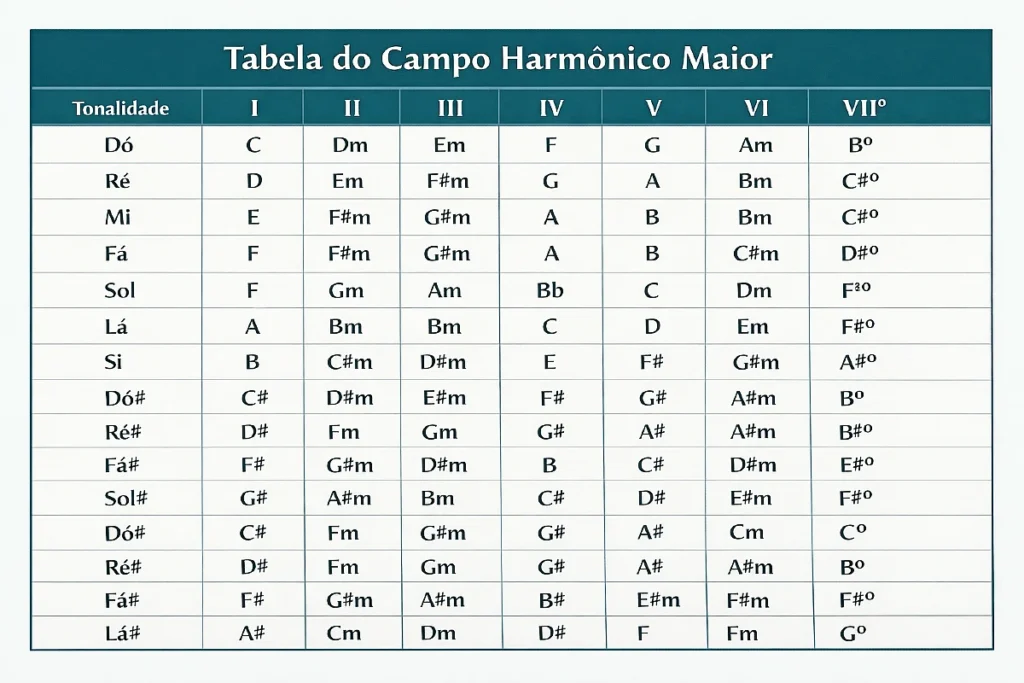 Tabela de campo harmônico maior nas doze tonalidades