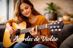 Mulher fazendo um acorde no violão. Imagem usada para representar o artigo todos os acordes de violão
