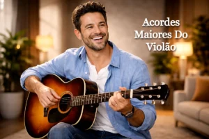 homem tocando violão. Imagem usada para representar o artigo acordes maiores do violão