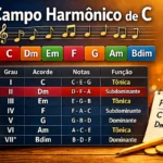 Campo harmônico de C com tabela de acordes e funções harmônicas