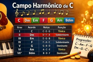 Campo harmônico de C com tabela de acordes e funções harmônicas