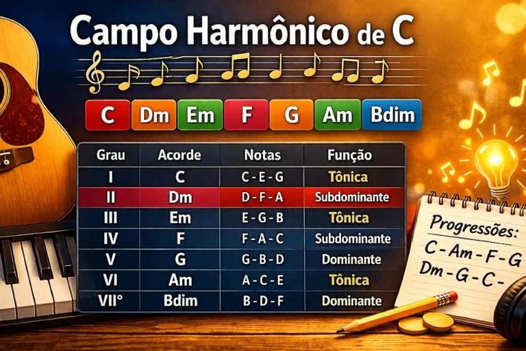 Campo harmônico de C com tabela de acordes e funções harmônicas