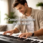 Homem com roupa casual elegante tocando teclado musical em imagem sobre campo harmônico de Ré maior