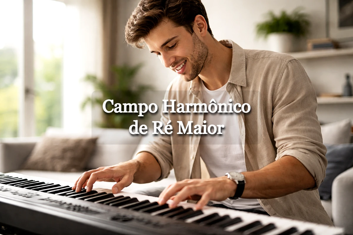Homem com roupa casual elegante tocando teclado musical em imagem sobre campo harmônico de Ré maior